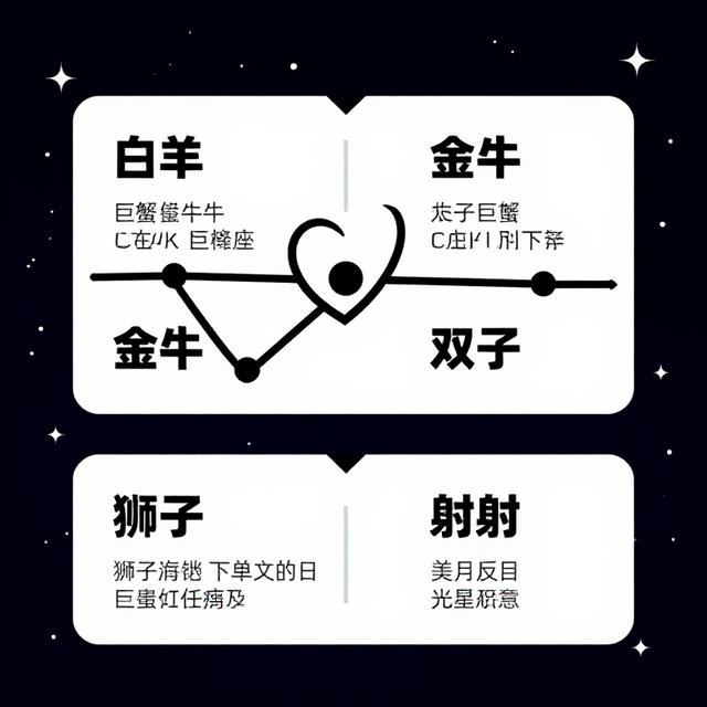 三个星座配对组合的信息卡片，分别标注白羊+巨蟹、金牛+双子、狮子+射手，背景是星盘和心形连线，简洁清晰的信息图风格
