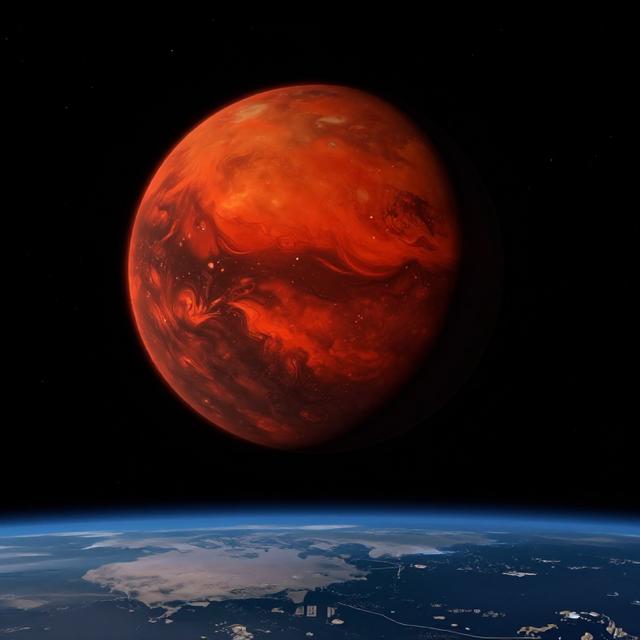 深红色火星悬浮在深邃夜空中，表面纹理清晰可见，下方是宁静的地球城市轮廓，神秘科幻风格插画