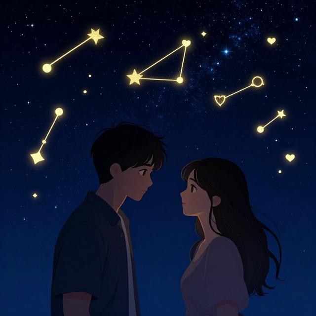 一对男女在星空下初次对视，周围漂浮着星座符号和心形光点，梦幻浪漫的插画风格，深蓝色与金色为主色调