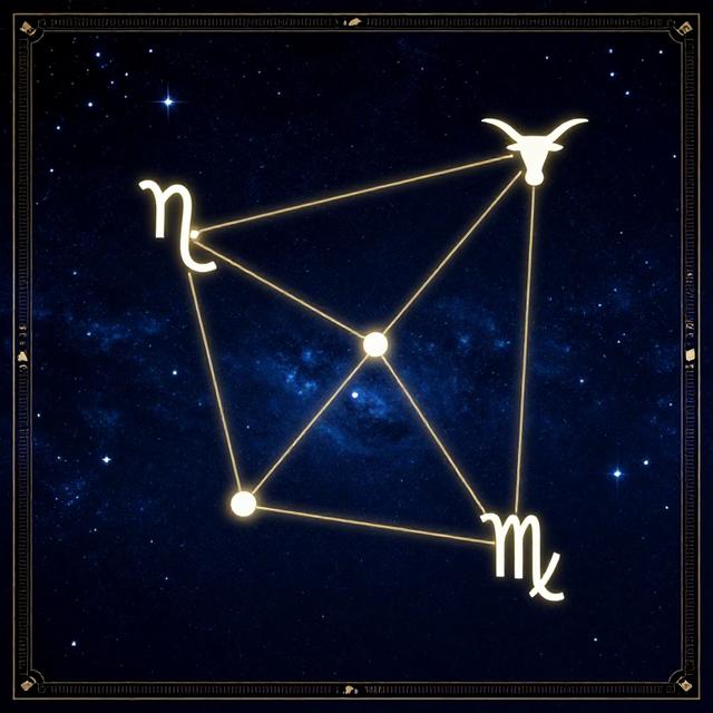 星空下的星座符号连接图，摩羯座符号与金牛座、处女座、天蝎座符号以金色光线相连，深蓝色宇宙背景配古典占星边框