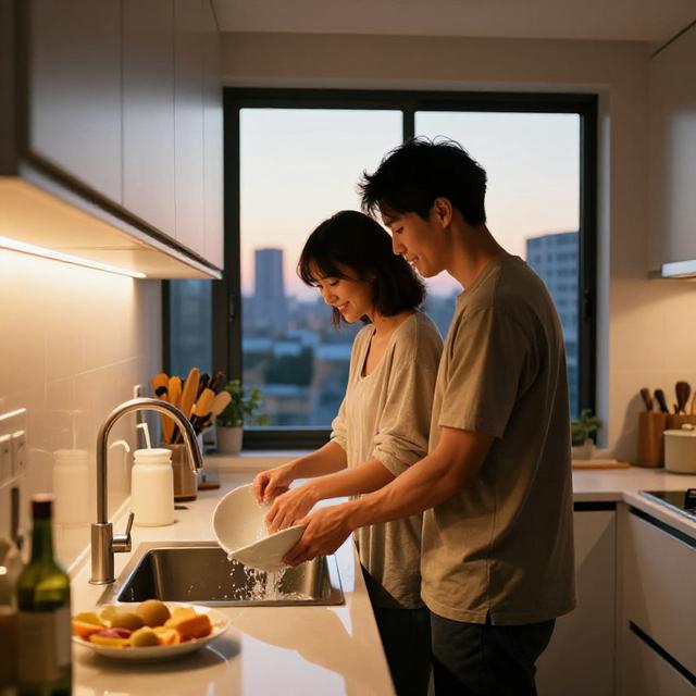 一对情侣在明亮的厨房里一起洗碗，窗外是黄昏的城市天际线，暖色调光影，现代生活纪实摄影风格