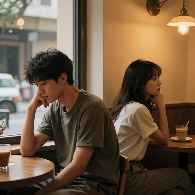 一对情侣坐在咖啡馆角落，男生低头沉思、女生望向窗外，暖色调灯光下氛围略显疏离，写实风格插画