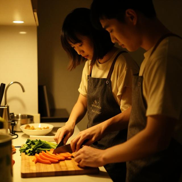 一对伴侣在厨房里一起做饭，一人切菜一人搅拌，动作默契但各自专注，暖黄色灯光，生活纪实摄影风格