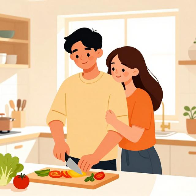 一对夫妻在厨房一起做饭，丈夫（狮子座）正在切菜，妻子从背后拥抱他，阳光从窗户洒进来，线条简洁的温馨插画，明亮温暖的色调