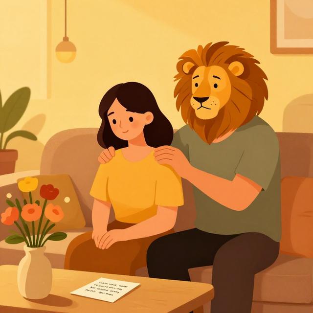 一对夫妻坐在沙发上，丈夫（狮子座特质）正在为妻子按摩肩膀，桌上放着一束鲜花和一张手写卡片，温馨的家庭场景，暖黄色灯光，治愈风格插画