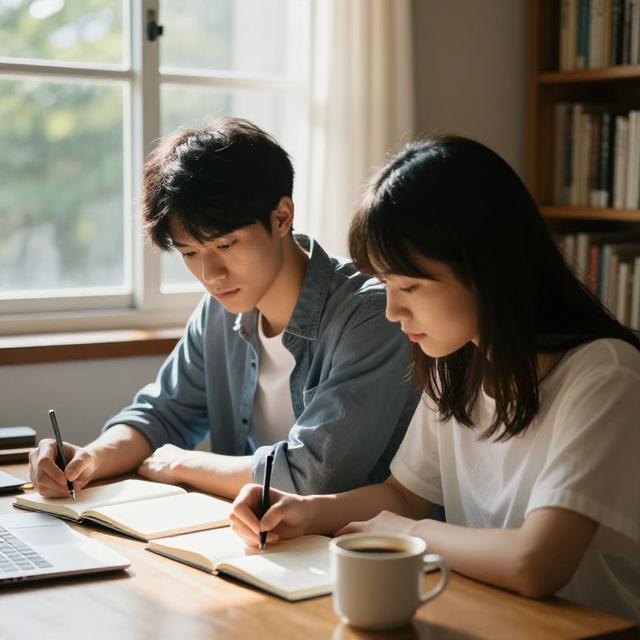 一对年轻男女在书房里并肩工作，桌上摊开着笔记本和咖啡杯，窗外是午后阳光，日系清新写实风格