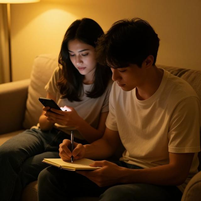 一对情侣坐在客厅沙发上，男生正在认真地用笔记本记录两人的共同开支计划，女生靠在他肩上看手机，暖黄色灯光下温馨写实风格
