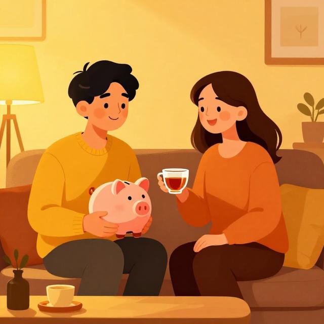 一对情侣坐在温馨客厅的沙发上，金牛座一方手拿存钱罐，摩羯座一方微笑递来一杯茶，暖黄色灯光，插画风格，传递稳定与陪伴感