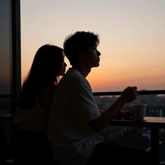 一对情侣坐在阳台上，男生端着咖啡看向远方，女生轻轻靠在他肩上，夕阳下的剪影，温暖沉稳的色调，表现金牛座男生偏爱的安静陪伴氛围