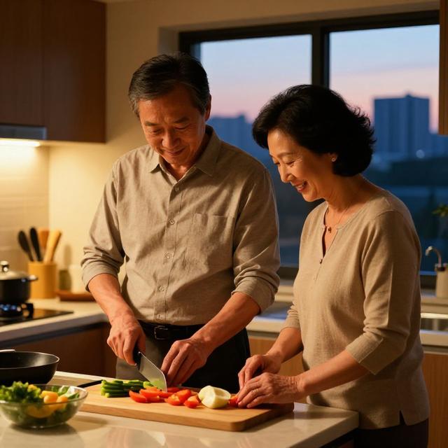 一对中年夫妻在厨房一起做饭，男生在切菜女生在调味，窗外是傍晚的城市天际线，温暖生活化摄影风格