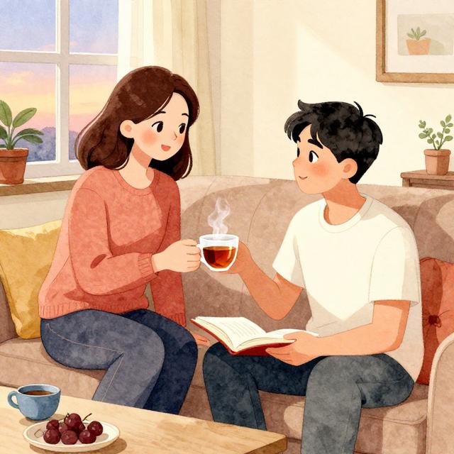 一位温柔的女性为坐在沙发上看书的金牛座男生递上一杯热茶，背景是温馨的客厅和黄昏光线，水彩插画风格，表现日常关怀的细节感