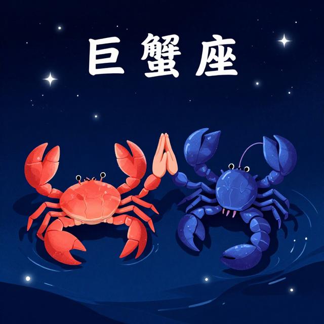 巨蟹座与天蝎座在星空下双手交叠，周围环绕着深蓝色海水与微光，梦幻治愈风格插画