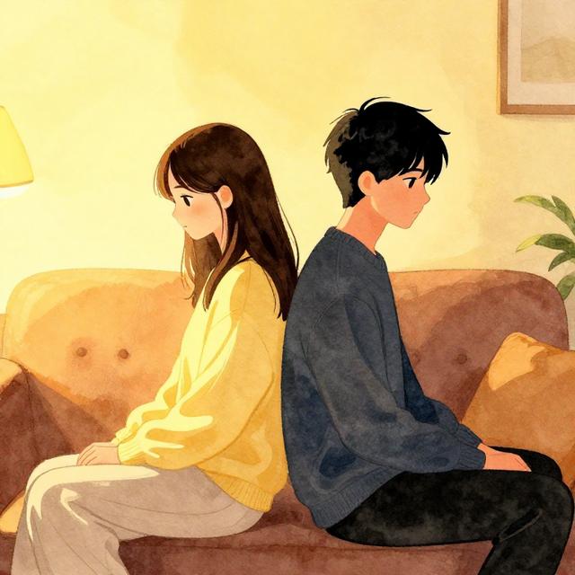 一对情侣背对背坐在沙发上，中间隔着明显距离，室内暖黄色灯光下氛围沉默压抑，水彩插画风格