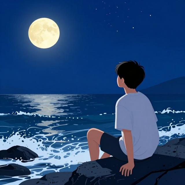 一位年轻男性坐在海边礁石上望着月亮，背景是深蓝色星空与海浪，温馨治愈风格插画
