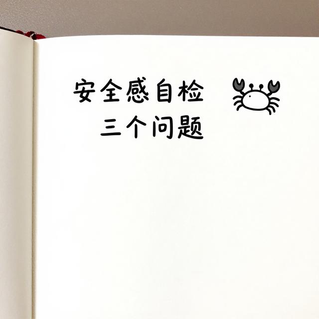 一张手写清单风格的插画，上面写着“安全感自检三个问题”，旁边有一只小螃蟹的可爱图标，清新简约风格