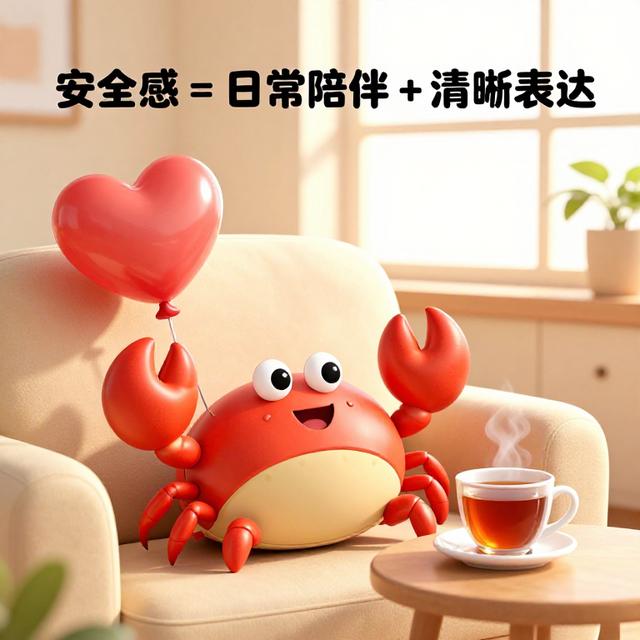一只卡通螃蟹坐在沙发上，旁边放着爱心形状的气球和一杯热茶，阳光从窗户照进来，温馨治愈风，文字标注“安全感 = 日常陪伴 + 清晰表达”