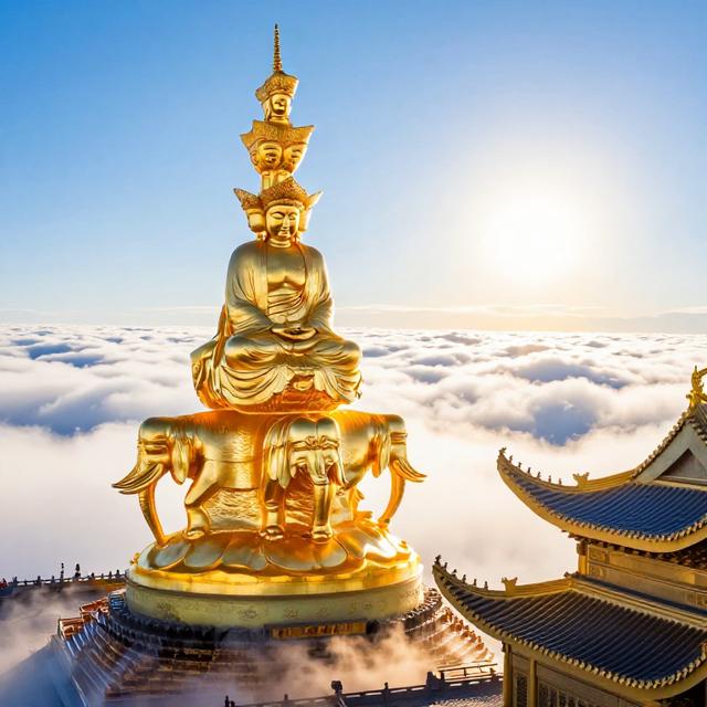 峨眉山金顶云海与普贤菩萨金像，阳光穿透云层洒下金色光芒，中国传统佛教艺术风格插画