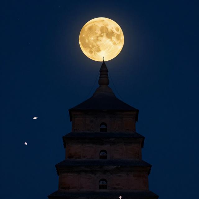 金色满月高悬于古佛塔尖顶之上，夜空深蓝点缀繁星，佛塔周围飘落莲花瓣，东方禅意水墨风格