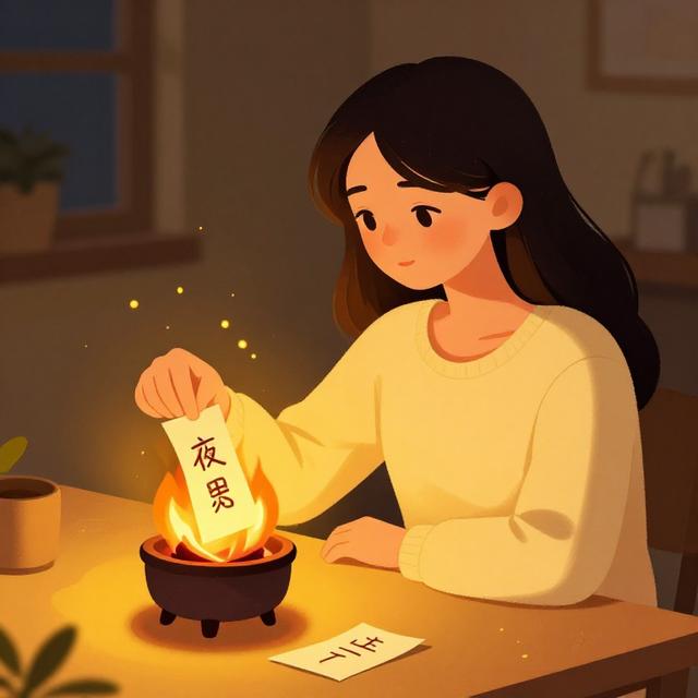 一位年轻女性在桌前将写着烦恼的纸条放入小火盆中焚烧，暖黄色灯光，宁静治愈风格插画