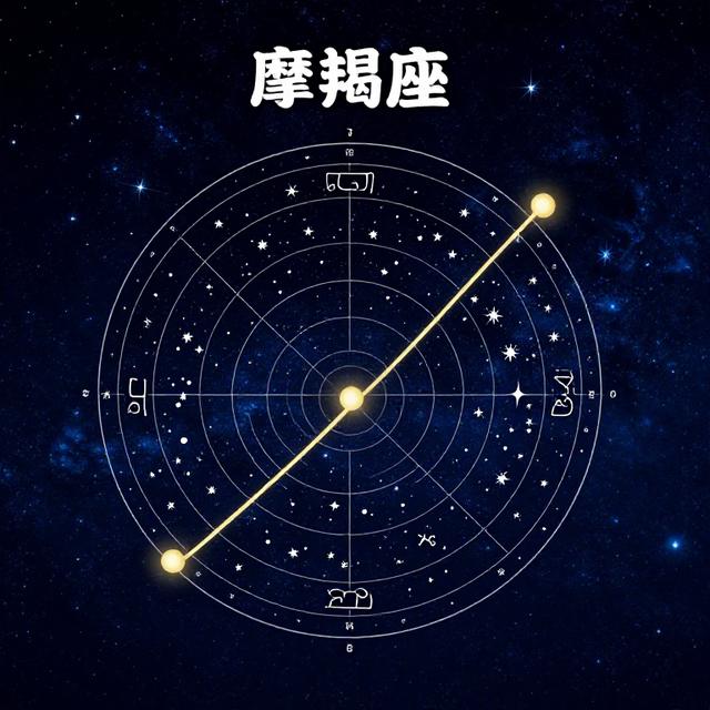 摩羯座星象符号与土星运行轨迹图，背景是深蓝色夜空与古典星图，金色线条标注第十宫事业宫位置，神秘占星风格
