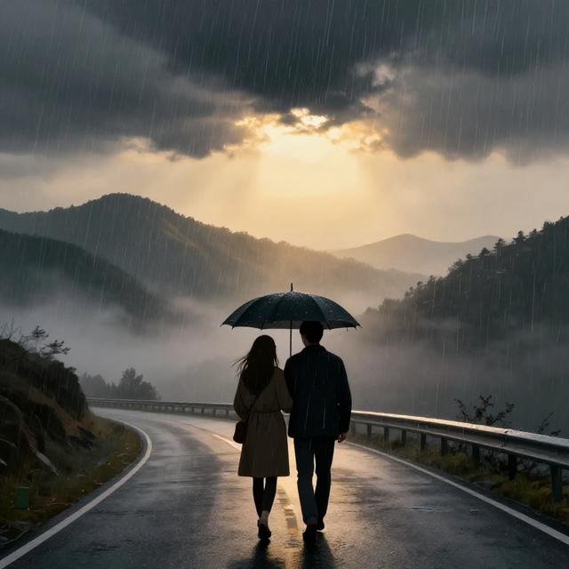 一对情侣在暴风雨中共同撑着一把伞走在山路上，背景是雾气和初现的阳光，写实且温暖治愈的插画风格