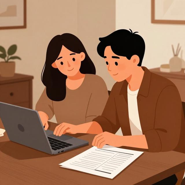 一对情侣在温暖的室内共同规划财务，桌上摆放着笔记本电脑和计划书，温馨写实风格插画，暖棕色调