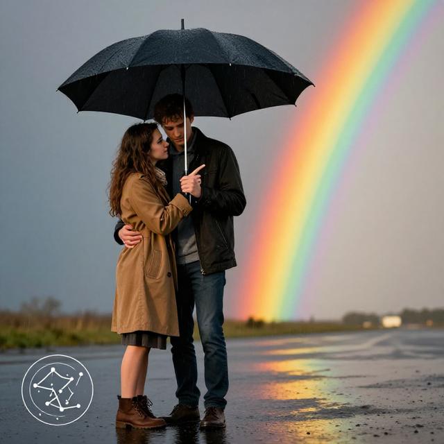一对情侣在雨中共撑一把伞，女性手指向远方彩虹，男性低头看着脚下积水，写实风格中融入星座符号水印，色调从灰蓝渐变到暖金