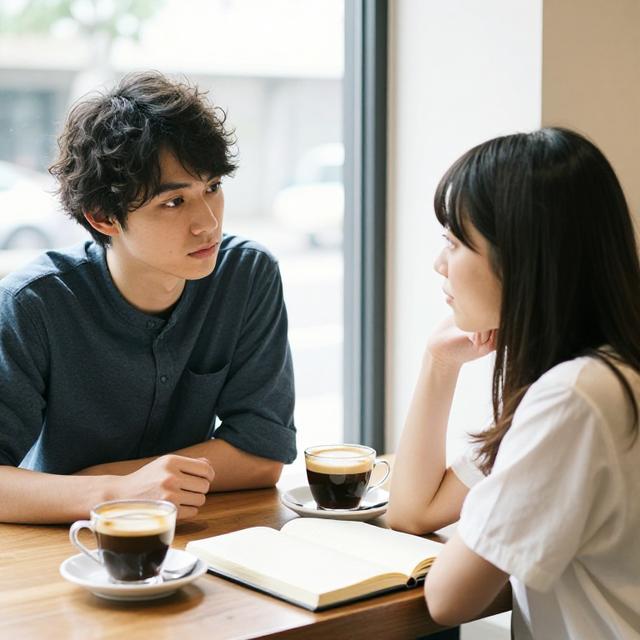 一对情侣坐在咖啡馆窗边，男生是摩羯座性格特征，认真倾听女生说话，桌面有两杯咖啡和一本翻开的日程本，柔和自然光线，日系清新摄影风格
