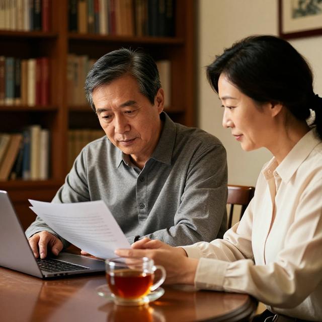 一对中年夫妻在书房并肩工作，男性专注查看文件，女性使用笔记本电脑，桌上有一杯共享的热茶，暖色调纪实摄影风格