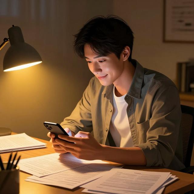 一位摩羯座男性坐在深夜书桌前，一边查看手机消息一边露出淡淡微笑，桌上堆满工作文件，暖黄色台灯光线，写实插画风格