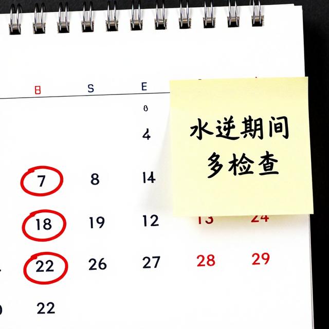 一张日历特写，上面用红笔圈出2026年4月、8月、9月、12月，旁边贴着“水逆期间多检查”的便利贴，简约平面设计风格