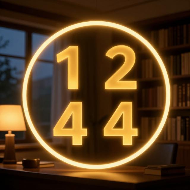 四组抽象数字1-4漂浮在环形光晕中，背景是中年书房场景，暖黄台灯与窗外暮色交织，新中式现代风格