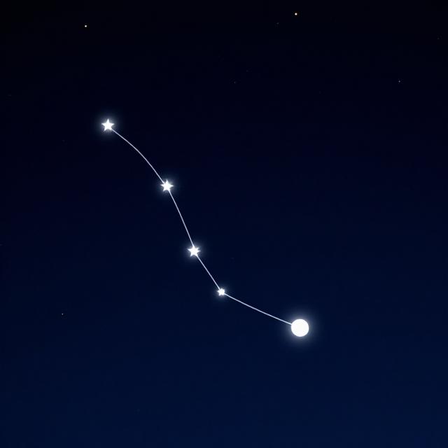 夜空中大熊座与北斗七星的位置关系图，七颗亮星连线形成勺形，周围繁星点缀，深蓝色背景搭配淡金色星点，科普插画风格