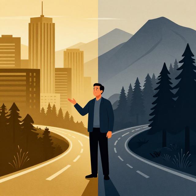一位中年男性站在分岔路口，左手是城市高楼右手是山林小径，暖金色与灰蓝色对比的隐喻风格插画