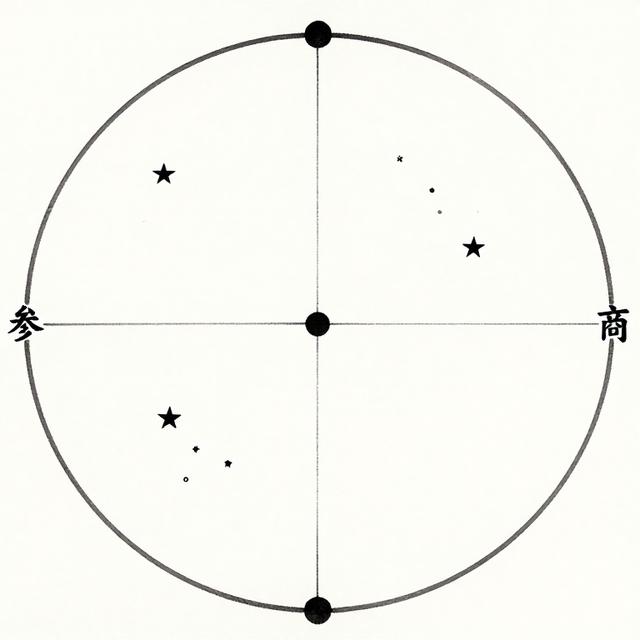 中国古代星官图局部，参宿三星与商宿（天蝎座）分别位于天球两侧，水墨画风格，标注“参”与“商”二字，体现永不相见的意象