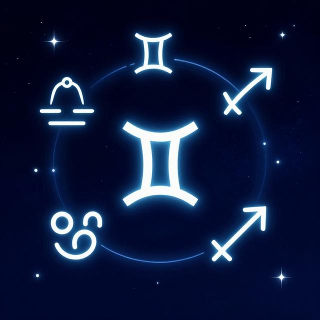 天秤座、水瓶座和射手座三个星座符号围绕在双子座符号周围，彼此用发光的线条连接，深蓝色星空背景，梦幻唯美风格插画