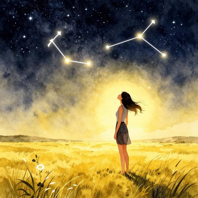 一位射手座女性站在开阔的草原上仰望星空，身旁是木星的光晕，夜空中有射手座的星座连线，暖黄色调，自由奔放的水彩风格插画