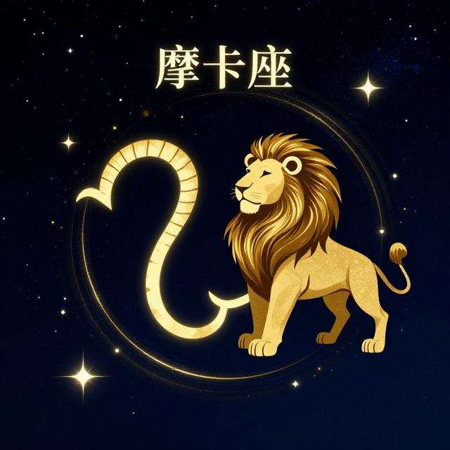 摩羯座与狮子座星座符号交织，背景是深蓝色星空与金色星轨，神秘浪漫的塔罗牌风格插画
