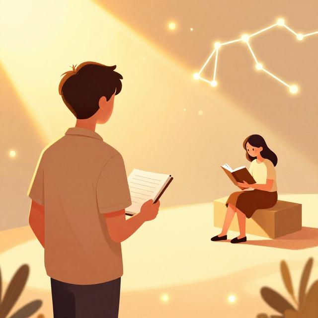 暖色调插画，一个男生拿着记事本走向远处看书的女孩，周围有金色太阳光斑和星座连线的虚影