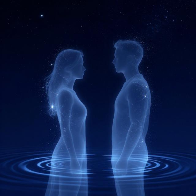 深蓝色星空背景下两个半透明人影相对而立，周围环绕着水波纹与星辰光点，神秘空灵风格