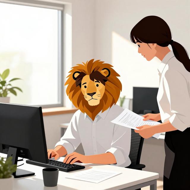 一间简洁的现代办公室内，一位穿衬衫的狮子座男士正专注工作，旁边的同事拿着文件礼貌地与他低声交流，窗外阳光明媚，画面呈现出专业、和谐且彼此尊重的职场氛围，日系简约插画风格。