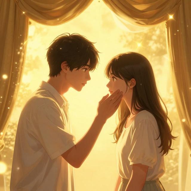 一位男生向女生坦诚倾诉内心，周围有金色的防护罩正在逐渐消散，画面呈现信任与柔软的氛围，梦幻治愈风格