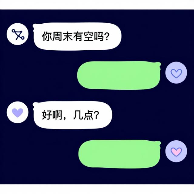 一张聊天记录截图风格的信息图，显示“你周末有空吗？”和“好啊，几点？”的对话气泡，周围有星座符号和爱心点缀，扁平化设计