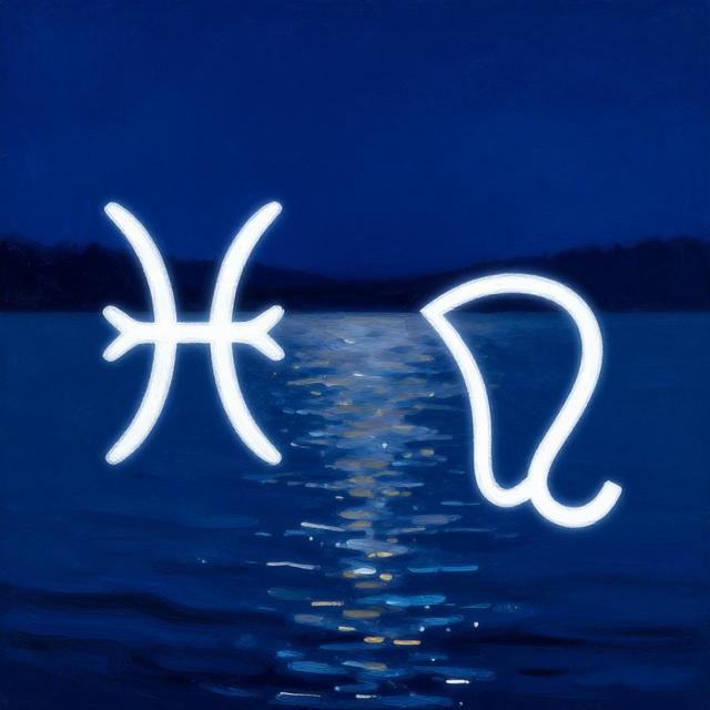 双鱼座与天蝎座星座符号在水面上交相辉映，深蓝色夜空下波光粼粼的湖面，神秘梦幻的油画风格