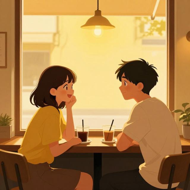 一对年轻情侣在咖啡馆窗边对坐交谈，暖黄色灯光下两人表情轻松愉悦，日系清新插画风格