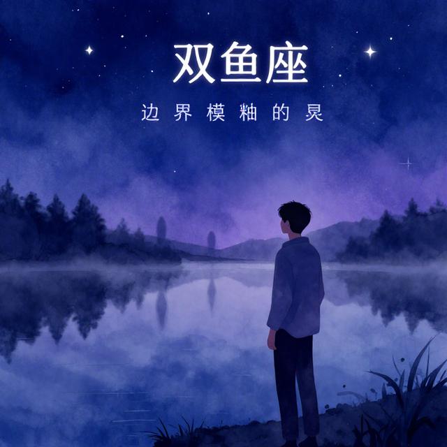 一位年轻男性站在朦胧的湖边，水面倒映着星空和模糊的人影，象征双鱼座边界模糊的情感世界，蓝紫色调的水彩风格插画