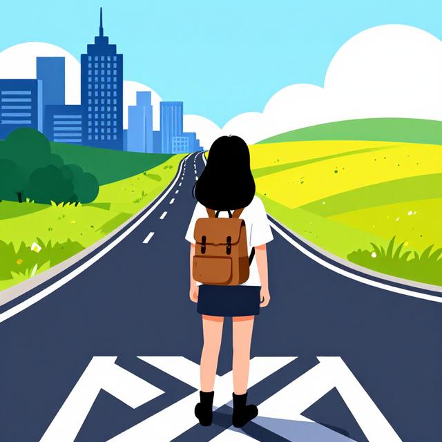射手座女孩背上行囊站在十字路口，一条路通向繁华城市，一条路通向自由旷野，现代扁平化矢量插画