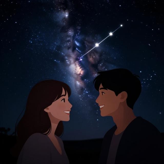 射手座与双子座在星空下相视而笑，背景是璀璨银河与双星连线，温暖治愈的星空插画风格