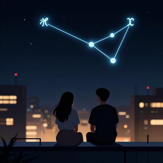 双子座与水瓶座并肩坐在城市天台，夜空中风象星座符号以淡蓝色光晕连接，现代插画风格，冷色调与暖色灯光对比