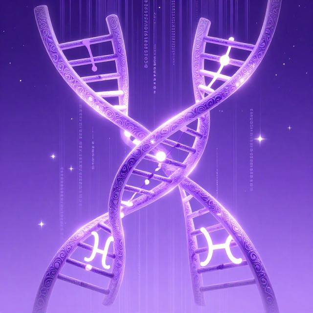 双子座与水瓶座星座符号交织成DNA双螺旋结构，背景是淡紫色星空与数据流光，科幻与古典融合风格